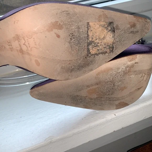 Manolo Blahnik Purple Satin Pointy Toe Heels with Rhinestone Ankle Strap, 37.5 - Picture 10 of 13